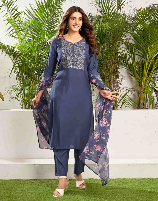 Silk Blend Embroidered Straight Kurta with Pant & Dupatta