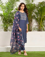 Silk Blend Embroidered Straight 3 Piece Kurta Set