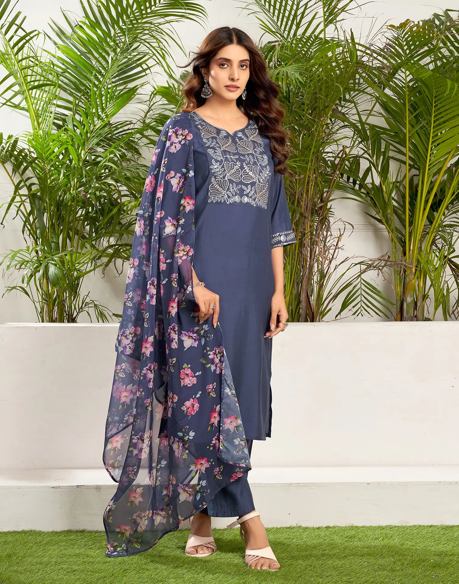 Silk Blend Embroidered Straight 3 Piece Kurta Set