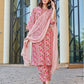 Light Pink Silk Floral Printed Round Neck 3/4 Sleeve Straight Kurta Set With Pant & Dupatta