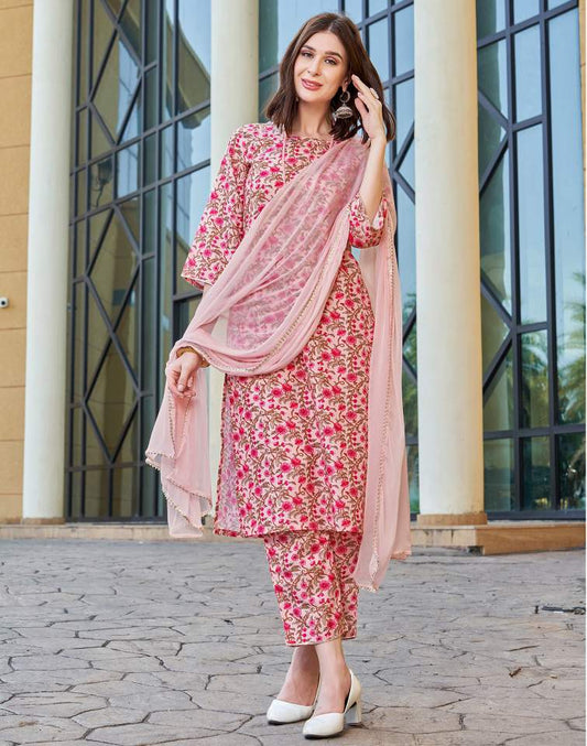 Light Pink Silk Floral Printed Round Neck 3/4 Sleeve Straight Kurta Set With Pant & Dupatta
