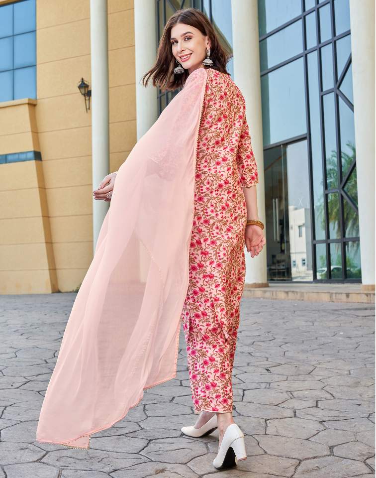 Light Pink Silk Floral Printed Round Neck 3/4 Sleeve Straight Kurta Set With Pant & Dupatta