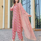 Light Pink Silk Floral Printed Round Neck 3/4 Sleeve Straight Kurta Set With Pant & Dupatta