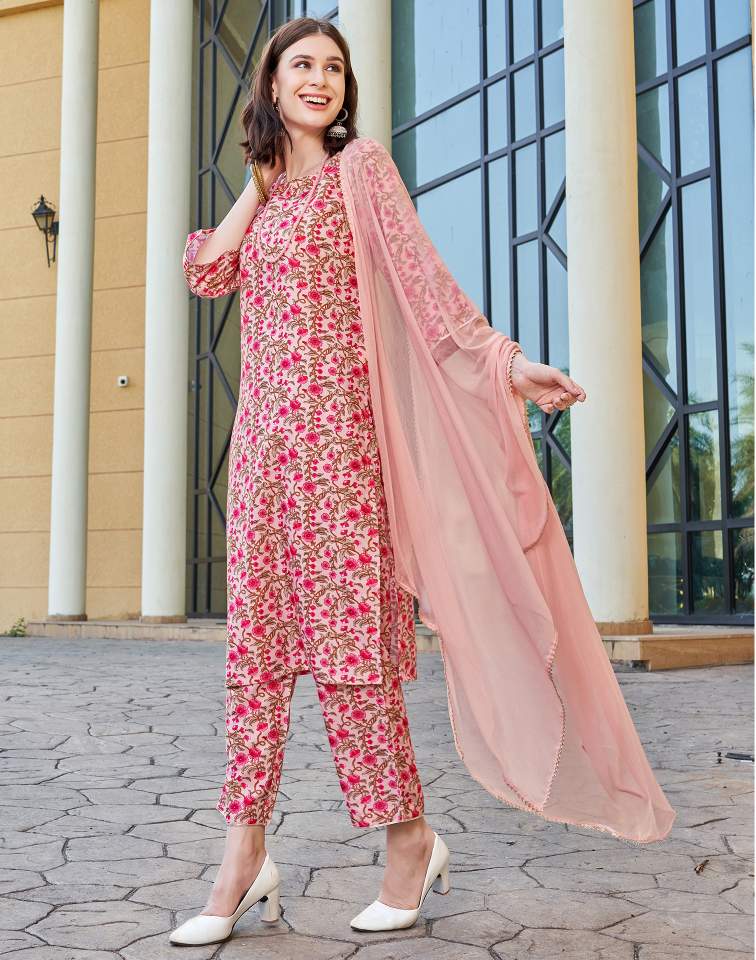 Light Pink Silk Floral Printed Round Neck 3/4 Sleeve Straight Kurta Set With Pant & Dupatta