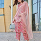 Light Pink Silk Floral Printed Round Neck 3/4 Sleeve Straight Kurta Set With Pant & Dupatta