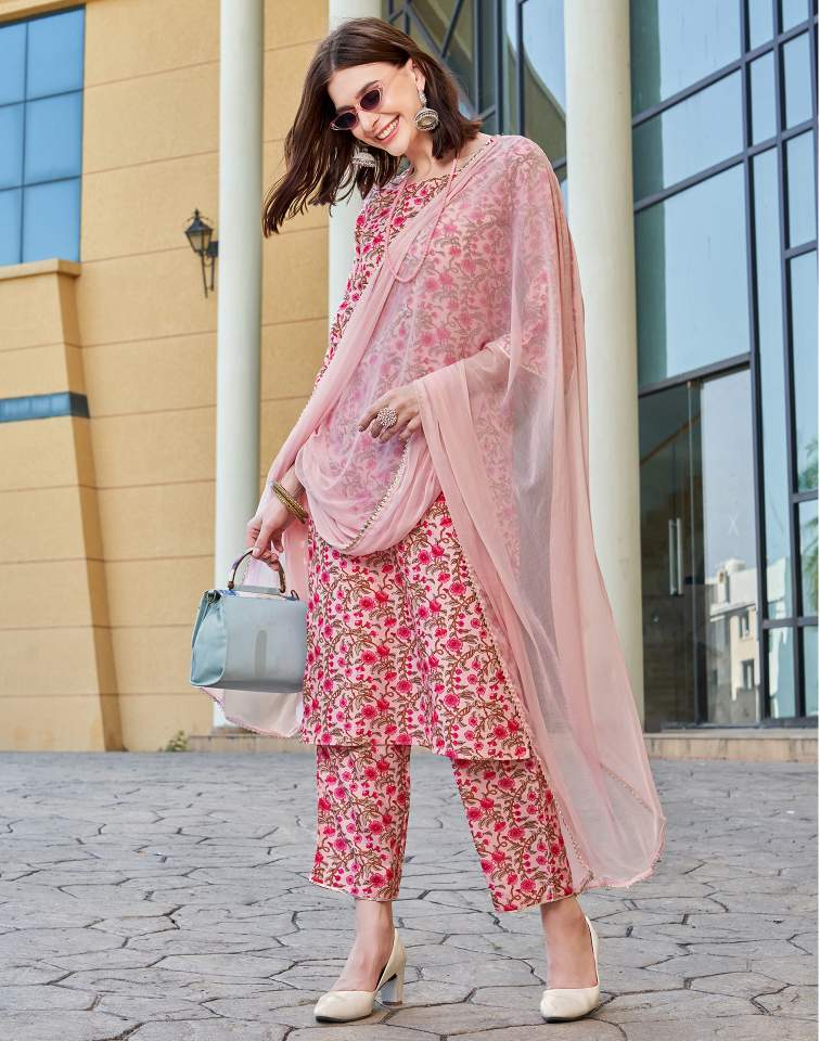 Light Pink Silk Floral Printed Round Neck 3/4 Sleeve Straight Kurta Set With Pant & Dupatta