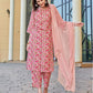 Light Pink Silk Floral Printed Round Neck 3/4 Sleeve Straight Kurta Set With Pant & Dupatta