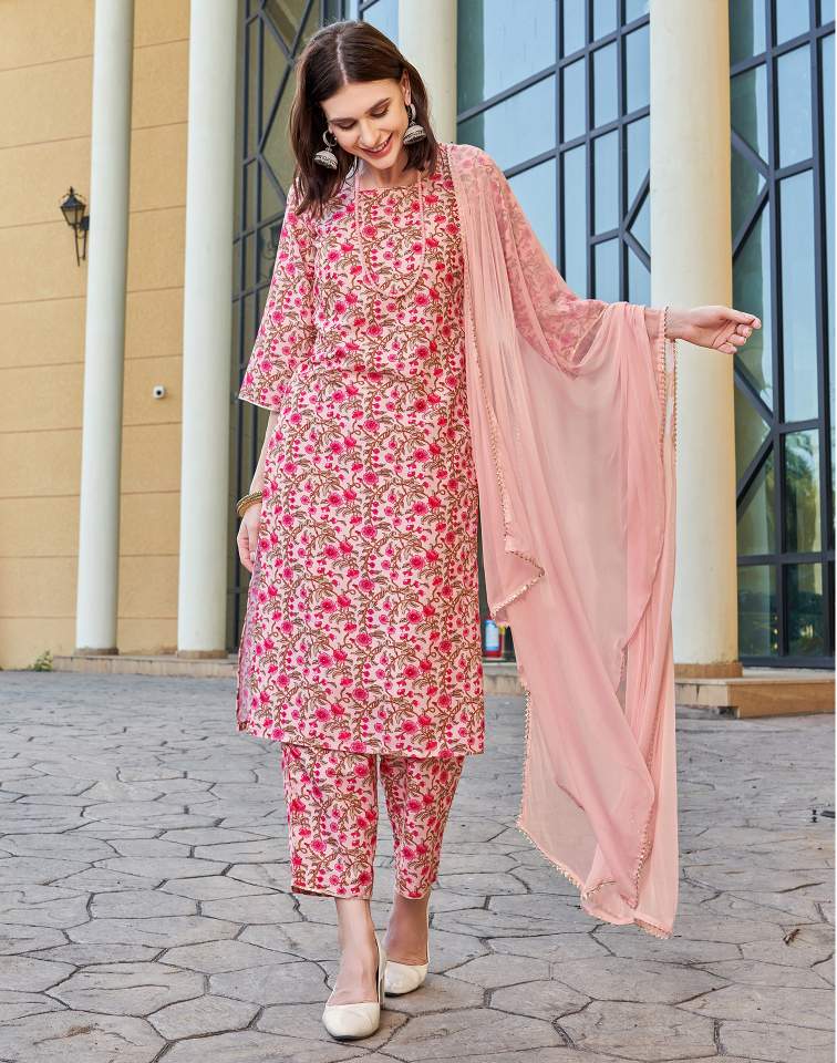 Light Pink Silk Floral Printed Round Neck 3/4 Sleeve Straight Kurta Set With Pant & Dupatta