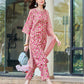 Light Pink Silk Floral Printed Round Neck 3/4 Sleeve Straight Kurta Set With Pant & Dupatta