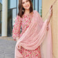 Light Pink Silk Floral Printed Round Neck 3/4 Sleeve Straight Kurta Set With Pant & Dupatta