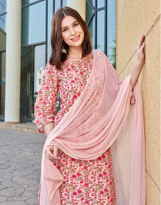 Light Pink Silk Floral Printed Round Neck 3/4 Sleeve Straight Kurta Set With Pant & Dupatta
