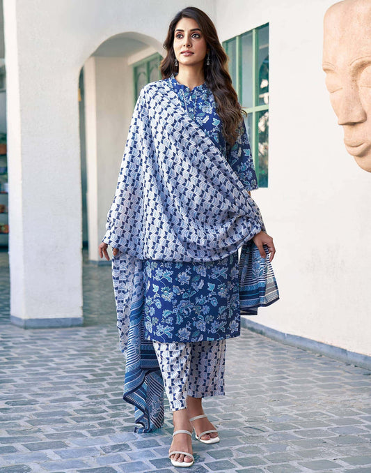 Rayon Floral Printed and Lace Straight Kurta with Pant & Dupatta