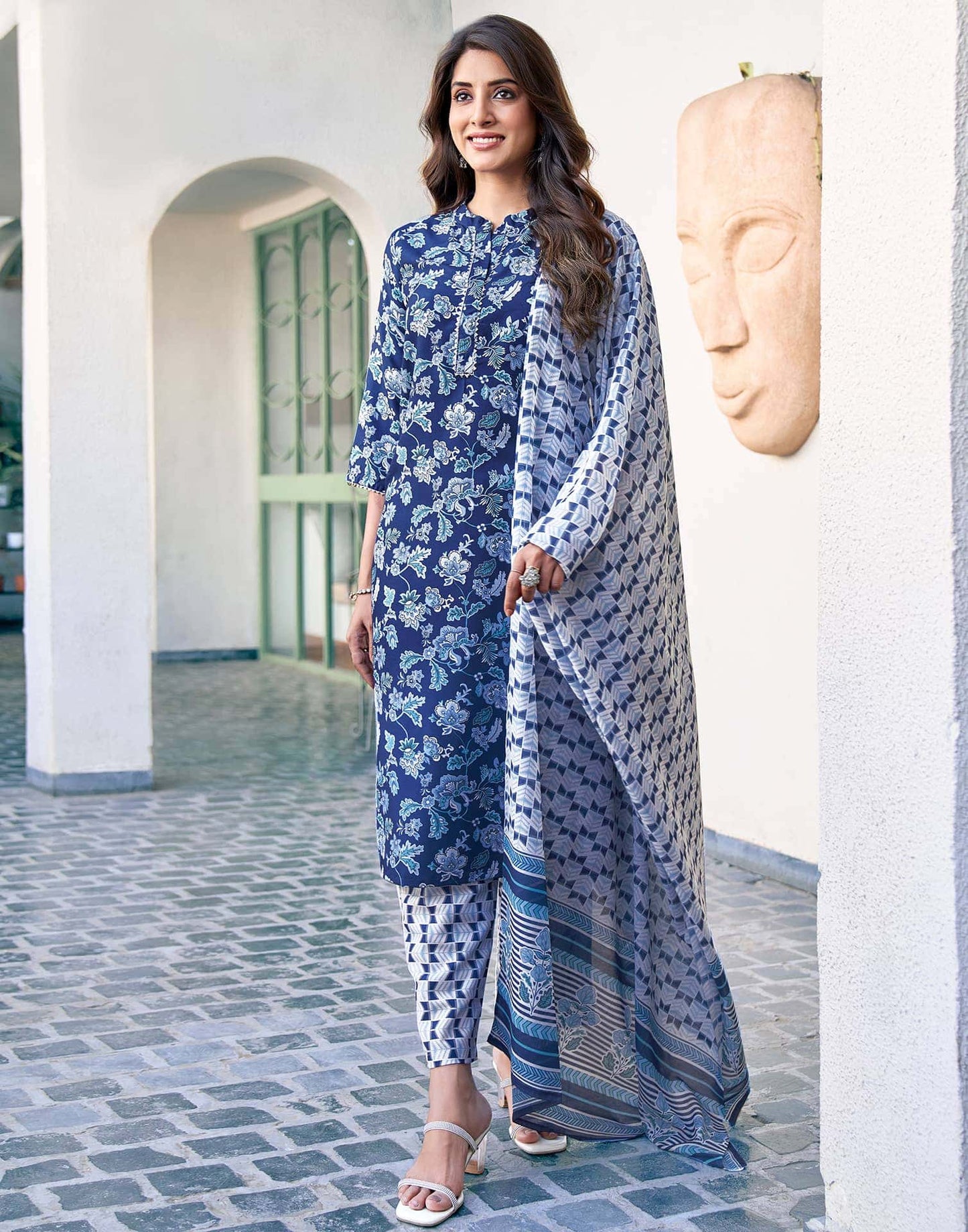 Rayon Floral Printed and Lace Straight Kurta with Pant & Dupatta