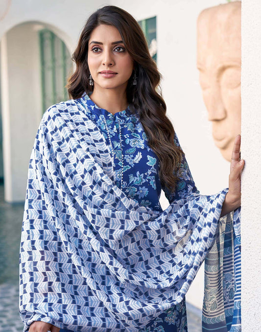 Rayon Floral Printed and Lace Straight Kurta with Pant & Dupatta