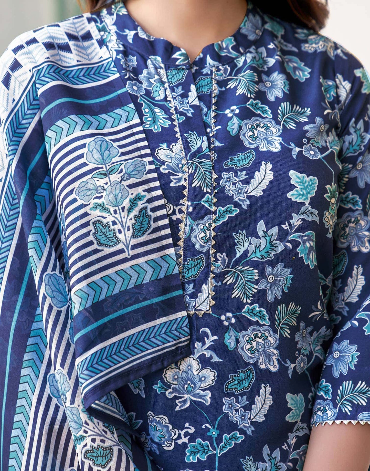 Rayon Floral Printed and Lace Straight Kurta with Pant & Dupatta