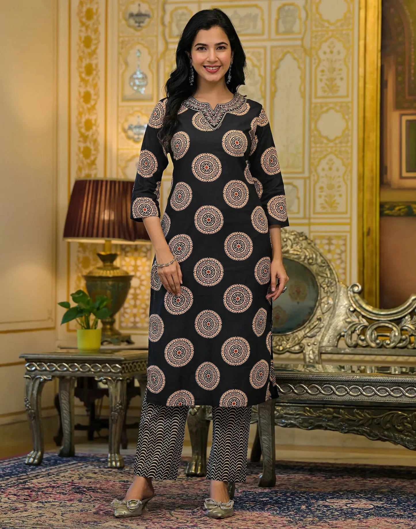 Cotton Embroidered V-Neck Straight Kurta with Pant & Dupatta