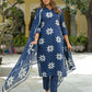 Cotton Straight Printed V-Neck Kurta with Pant & Dupatta