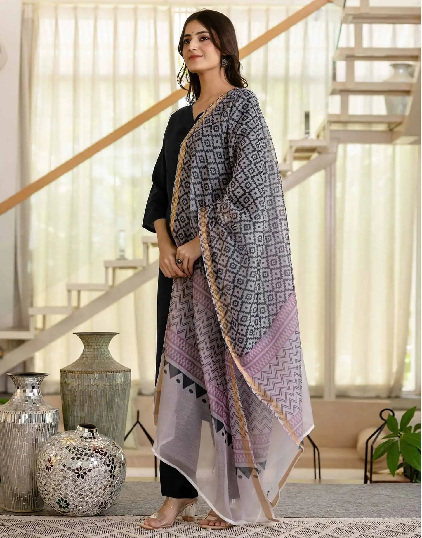 Affordable Black Cotton Blend Kurta Set with Pant & Dupatta for Women