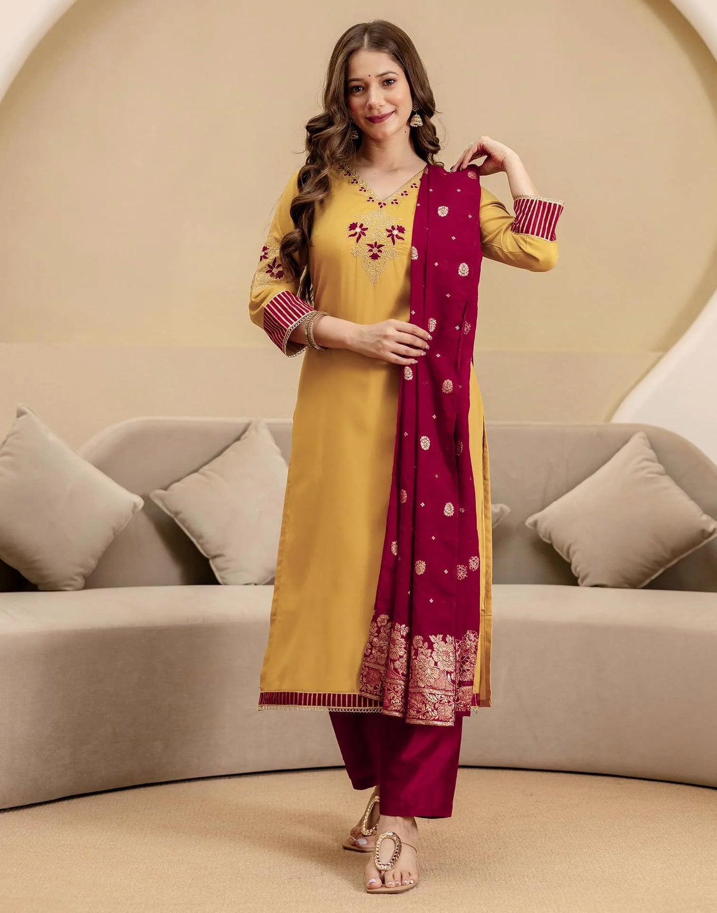 Silk Straight Embroidery V-Neck Kurta with Pant & Dupatta