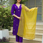 Affordable Purple Silk Embroidered Straight Kurta Set V-Neck Silk Kurti with Pant & Dupatta