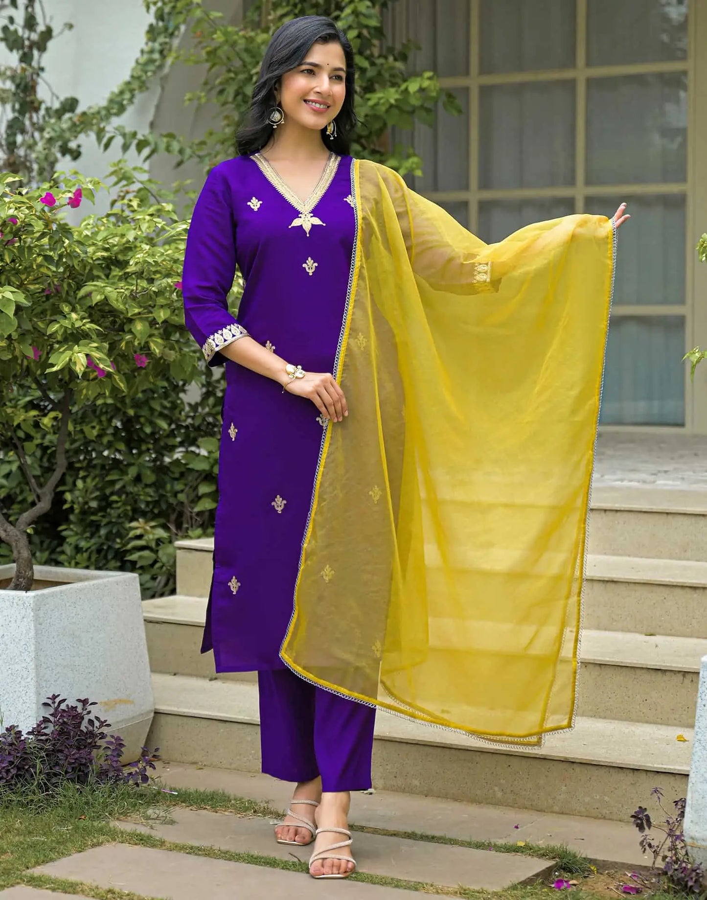 Affordable Purple Silk Embroidered Straight Kurta Set V-Neck Silk Kurti with Pant & Dupatta