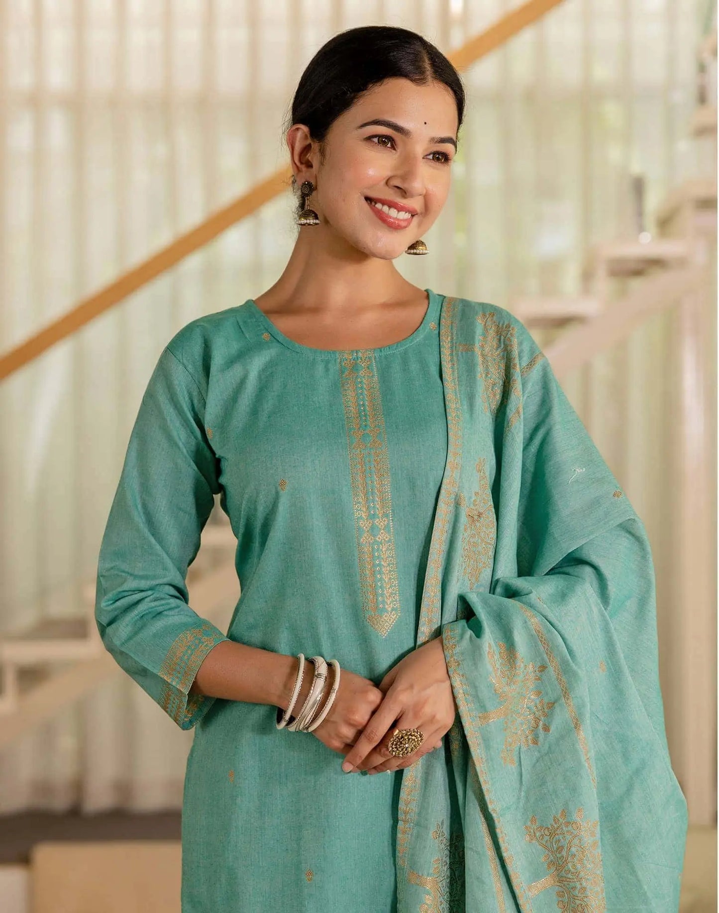 Cotton Weaving Straight Kurta with Pant & Dupatta