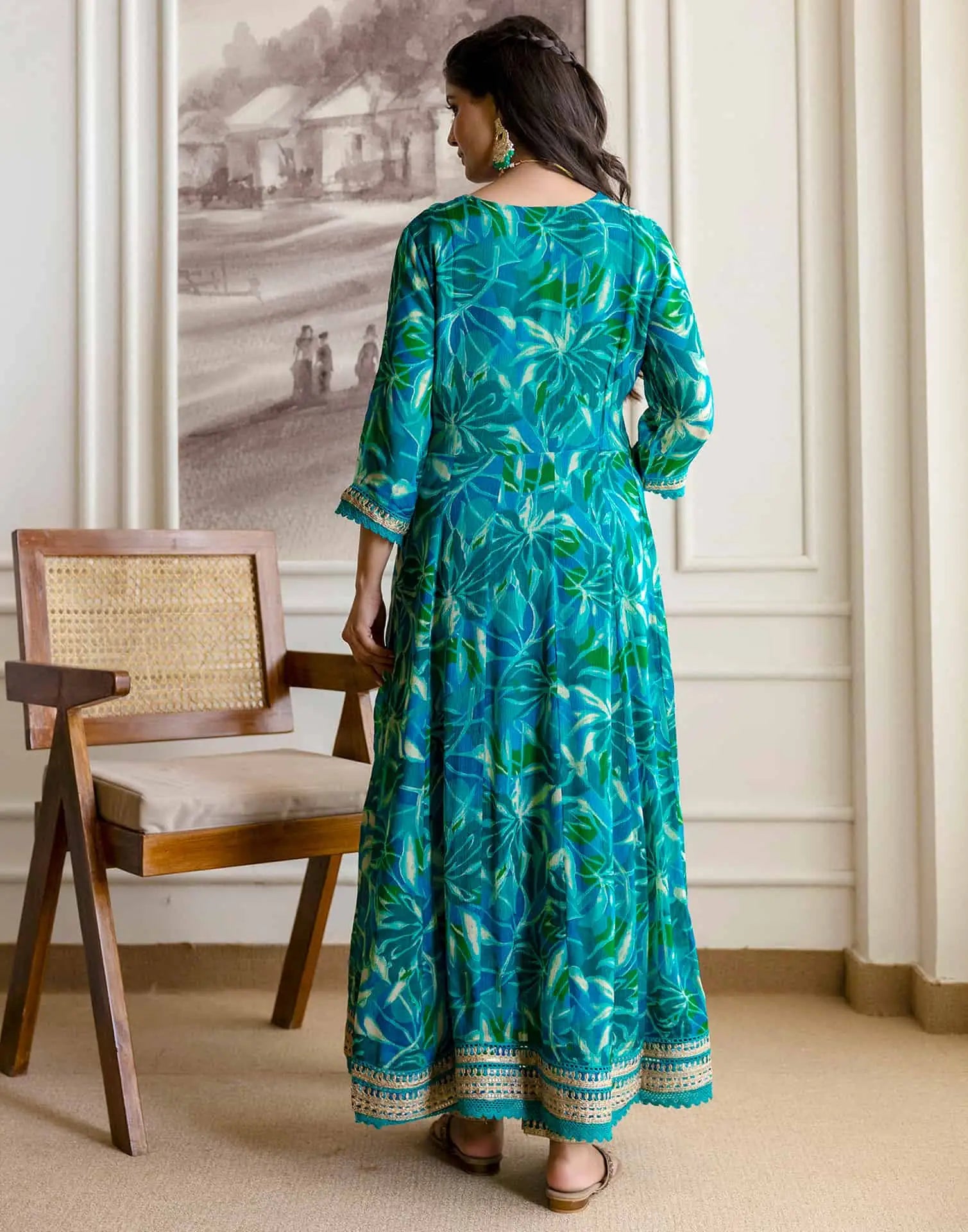 Blue Silk Printed Anarkali Kurta Set with Pant & Dupatta Affordable Ethnic Wear for Festive & Wedding