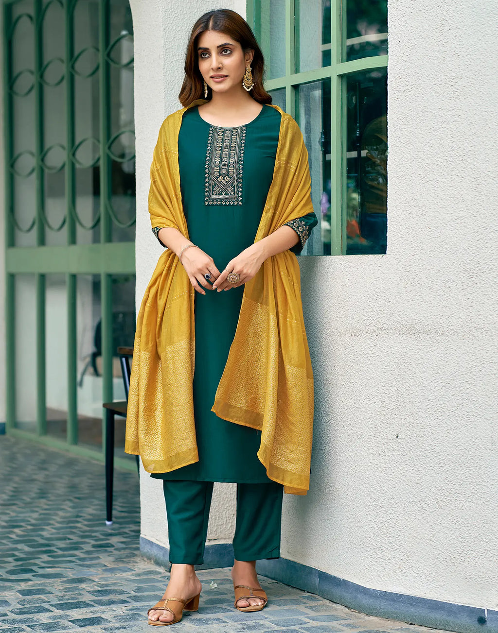 Poly Chinnon Embroidered Straight 3 Piece Kurta Set
