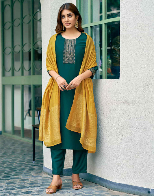 Silk Blend Embroidery Straight Kurta with Pant & Dupatta