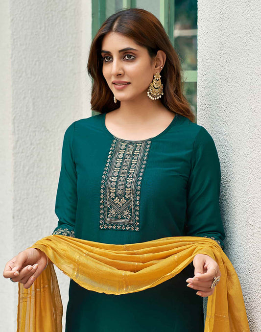 Silk Blend Embroidery Straight Kurta with Pant & Dupatta