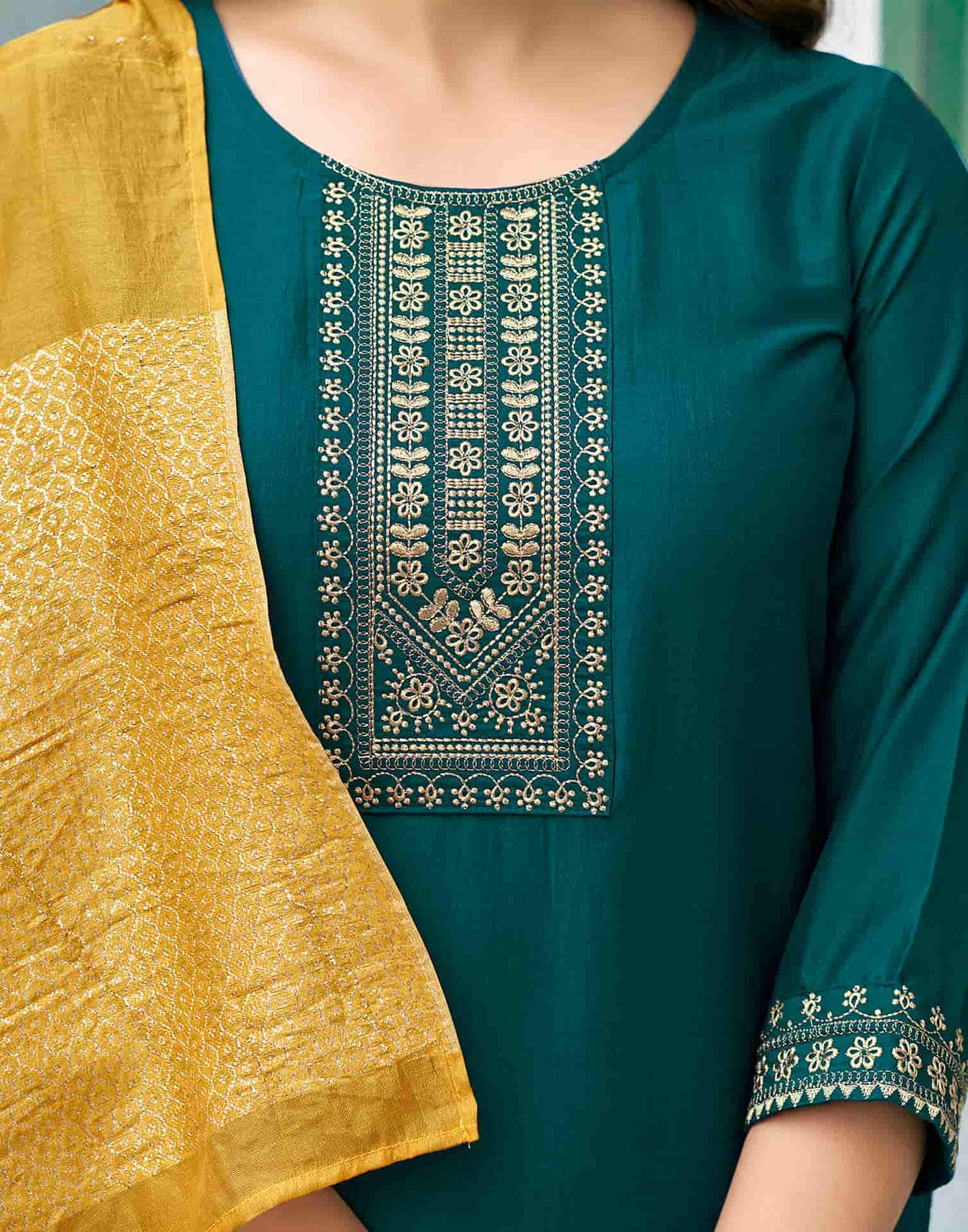 Silk Blend Embroidery Straight Kurta with Pant & Dupatta