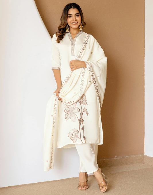 White Silk Embroidered Straight Kurta Set with Pant & Dupatta for Women Casual & Daily Wear under 1299