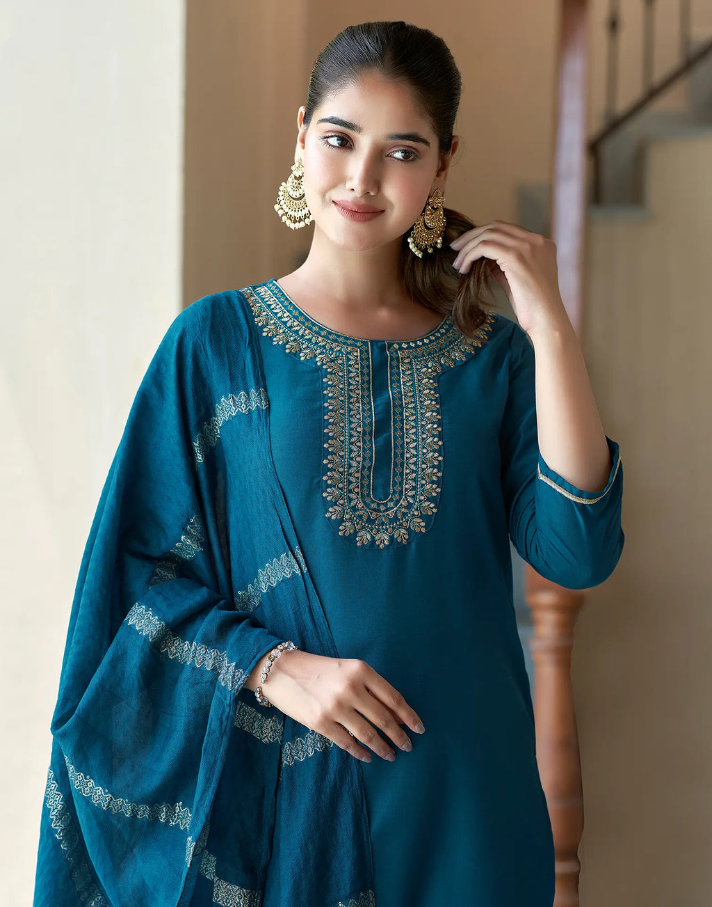 Cotton Blend Embroidered Straight 3 Piece Kurta Set
