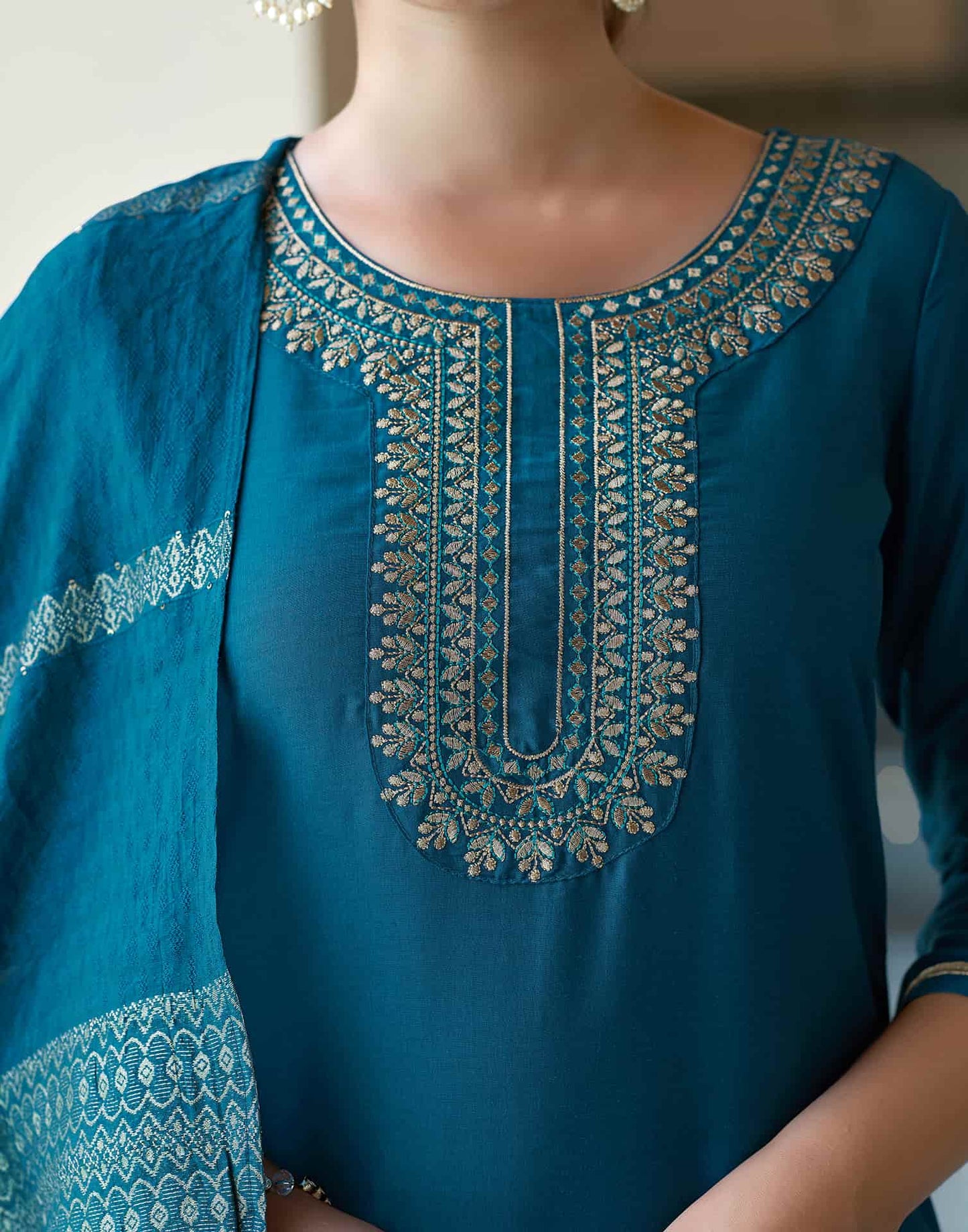 Cotton Blend Embroidery and Lace Straight Kurta with Pant & Dupatta