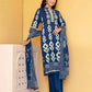 Affordable Blue Cotton Printed Straight Kurta Set with Mandarin Collar, Pant & Dupatta under 999