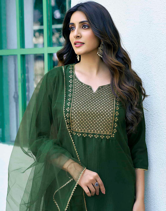 Silk Blend Dyed, Sequence Embroidery Work and Gota Lace Straight Kurta with Pant & Dupatta