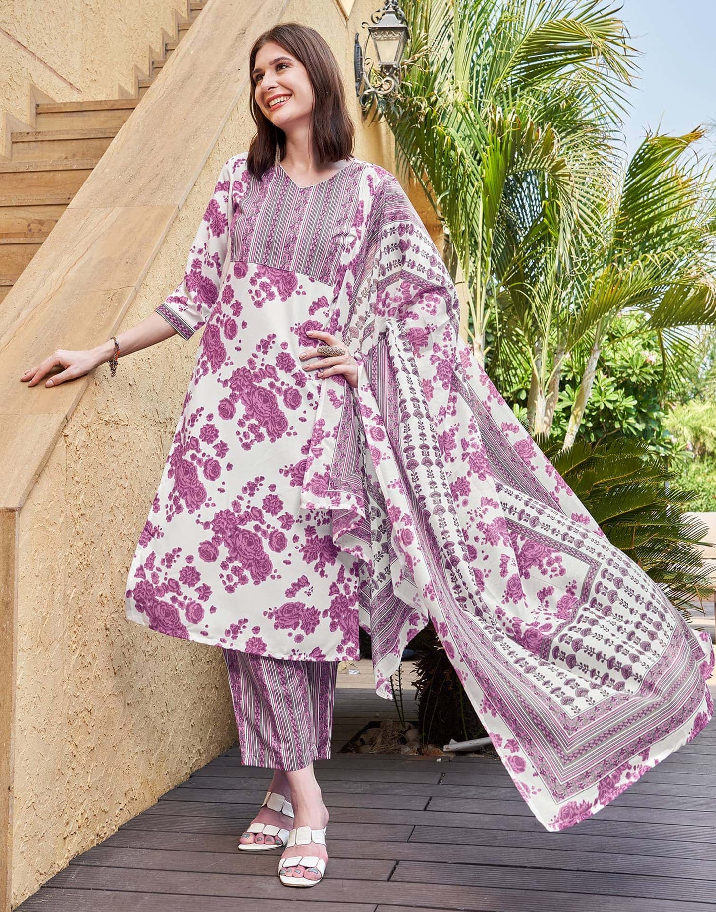 Rayon Floral Printed and Printed Fabric Lace Straight Kurta with Pant & Dupatta