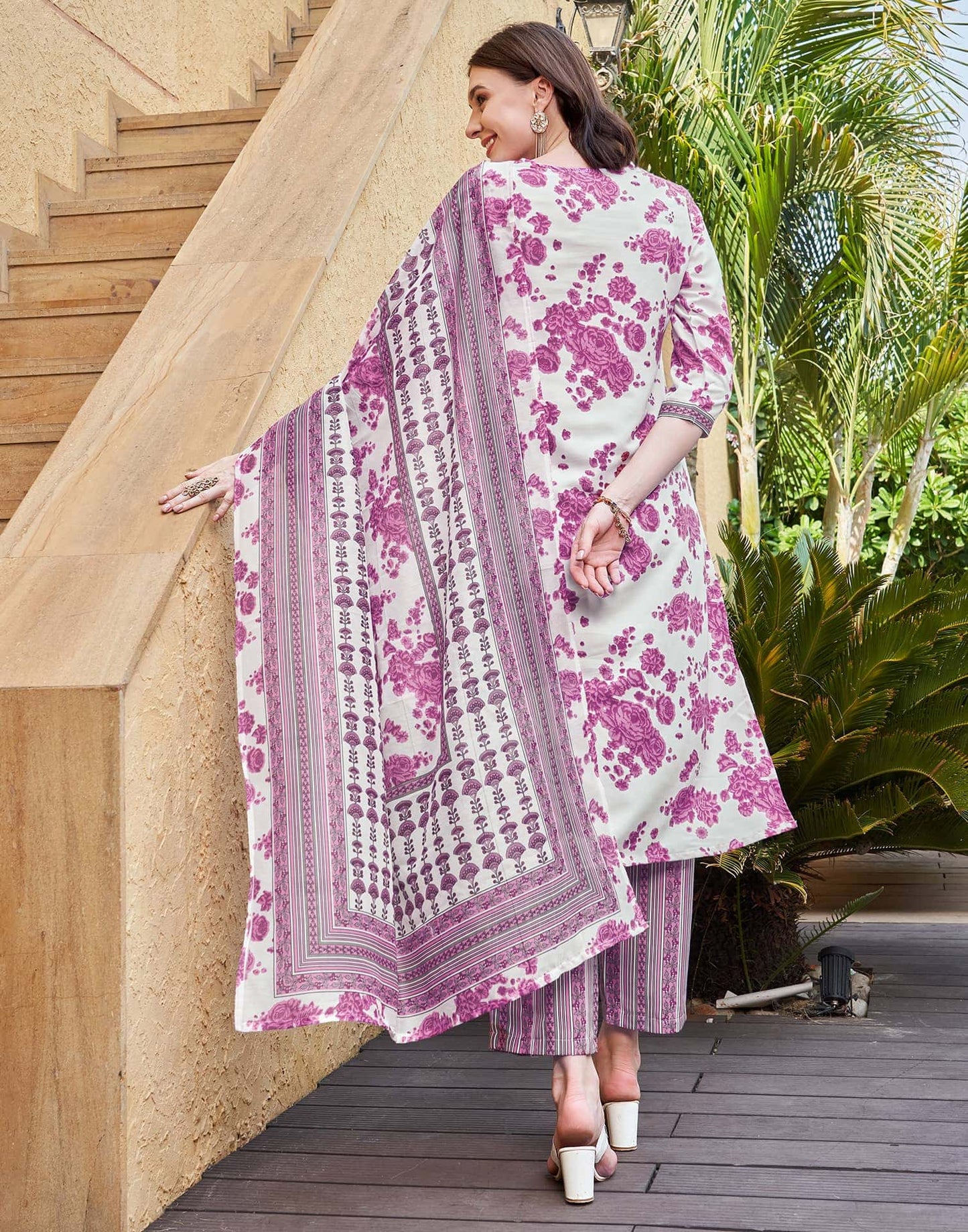 Rayon Floral Printed and Printed Fabric Lace Straight Kurta with Pant & Dupatta