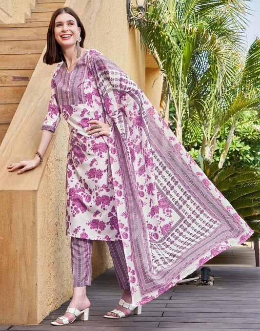 Rayon Floral Printed and Printed Fabric Lace Straight Kurta with Pant & Dupatta