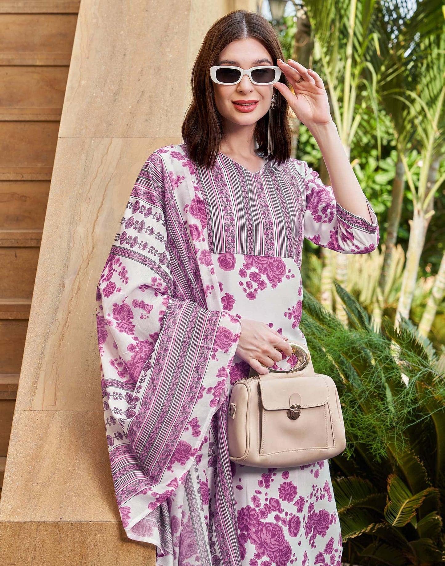 Rayon Floral Printed and Printed Fabric Lace Straight Kurta with Pant & Dupatta