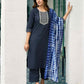 Cotton Blend Embroidered Straight Kurta with Pant & Dupatta