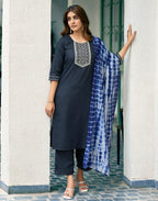 Cotton Blend Embroidered Straight 3 Piece Kurta Set