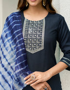 Cotton Blend Embroidered Straight 3 Piece Kurta Set