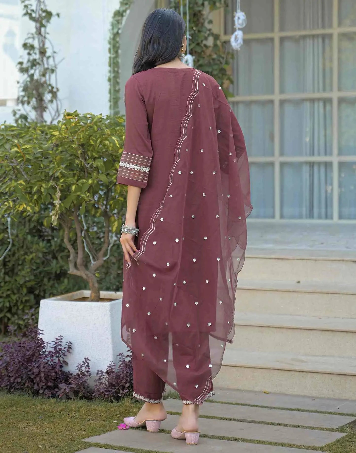 Silk Embroidered Straight Round Neck Kurta with Pant & Dupatta