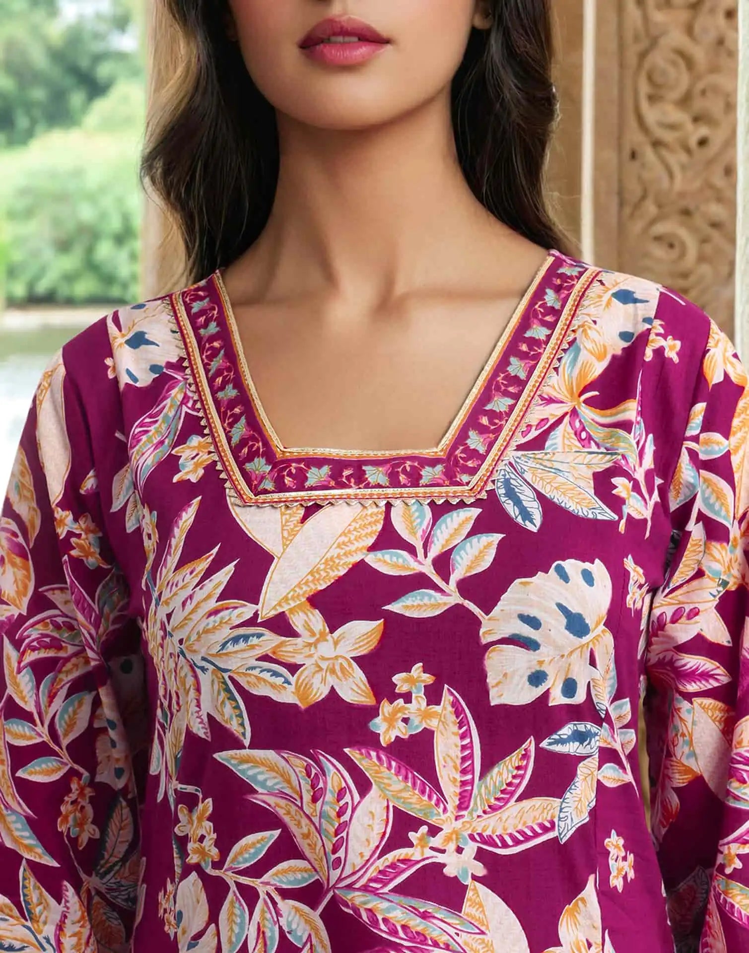 Maroon Cotton Printed Anarkali Kurta Set with Square Neck, Pant & Dupatta  Perfect for Office, Daily & Casual Wear