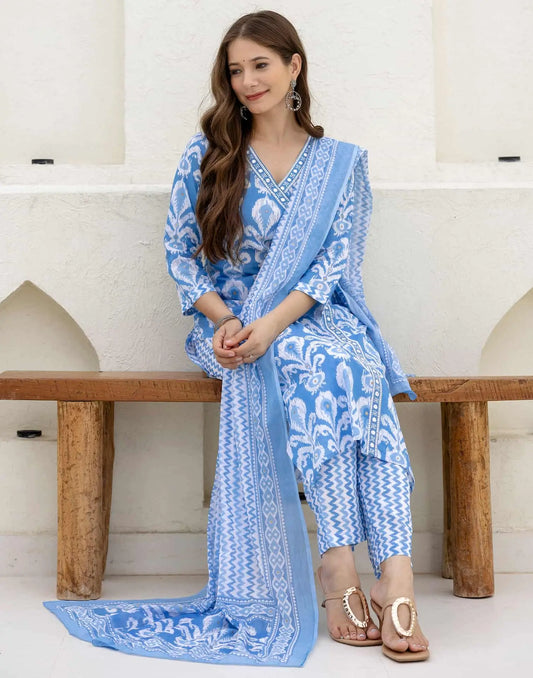 Cotton Straight Printed V-Neck Kurta with Pant & Dupatta