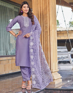 Cotton Blend Embroidered Straight 3 Piece Kurta Set