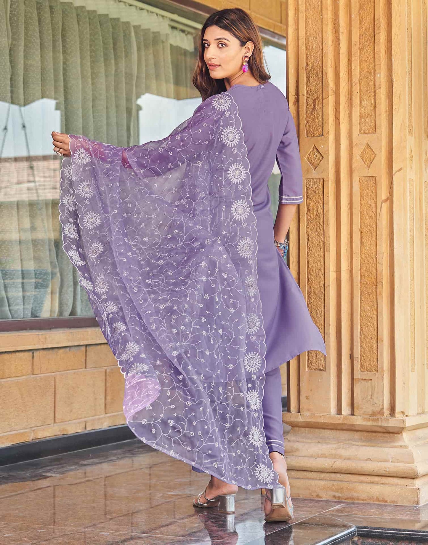 Cotton Blend Embroidered Straight Kurta with Pant & Dupatta
