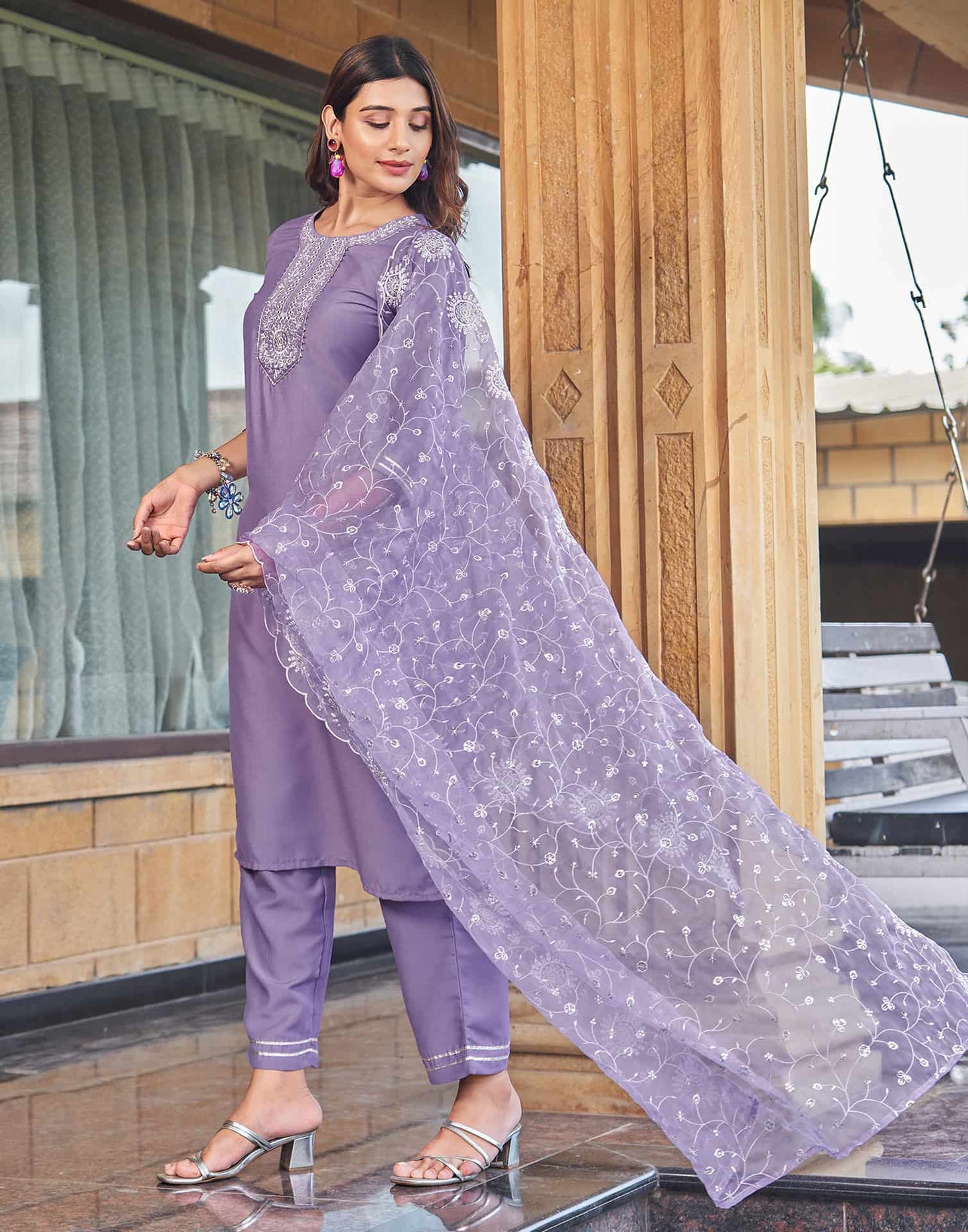 Cotton Blend Embroidered Straight Kurta with Pant & Dupatta