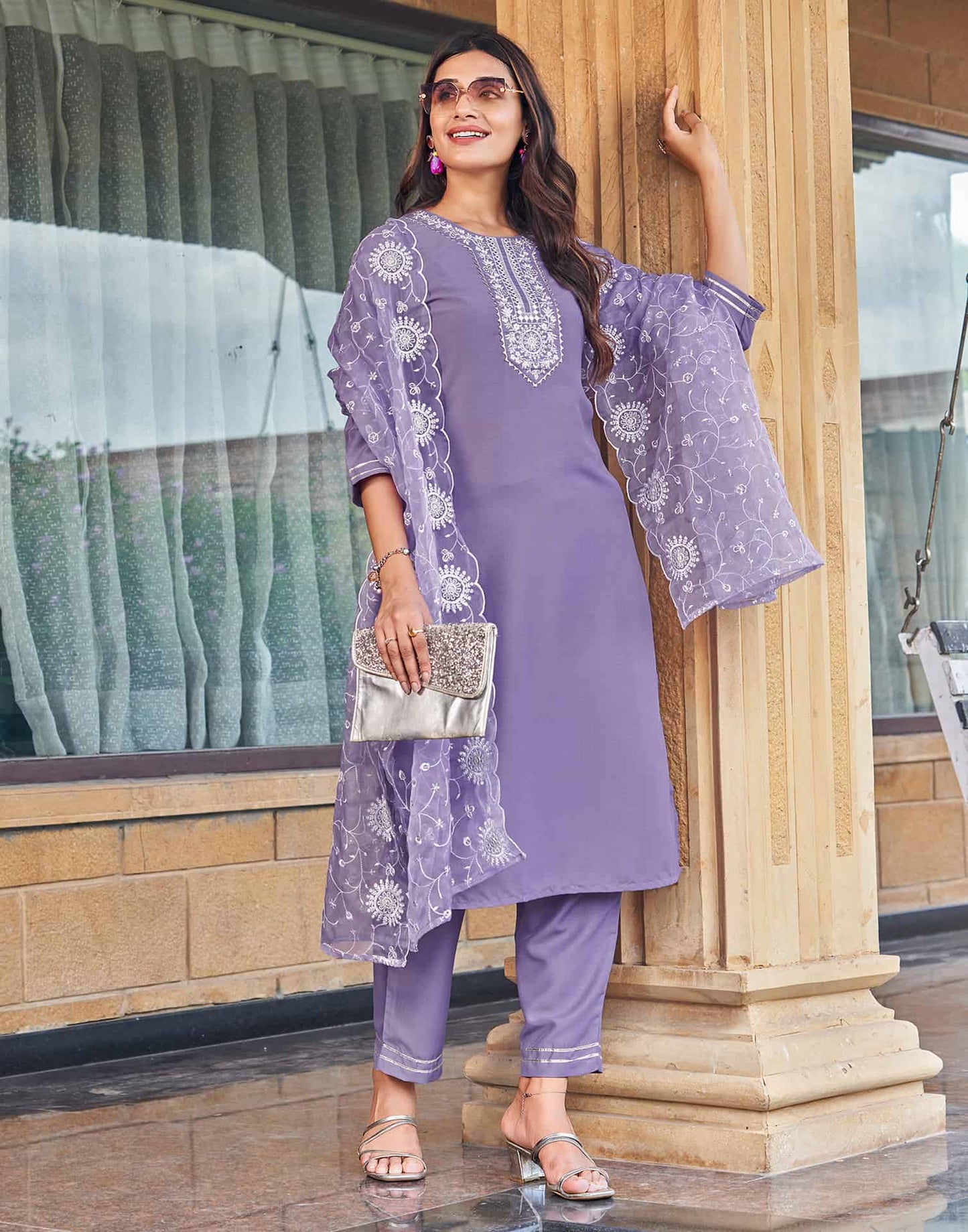 Cotton Blend Embroidered Straight Kurta with Pant & Dupatta